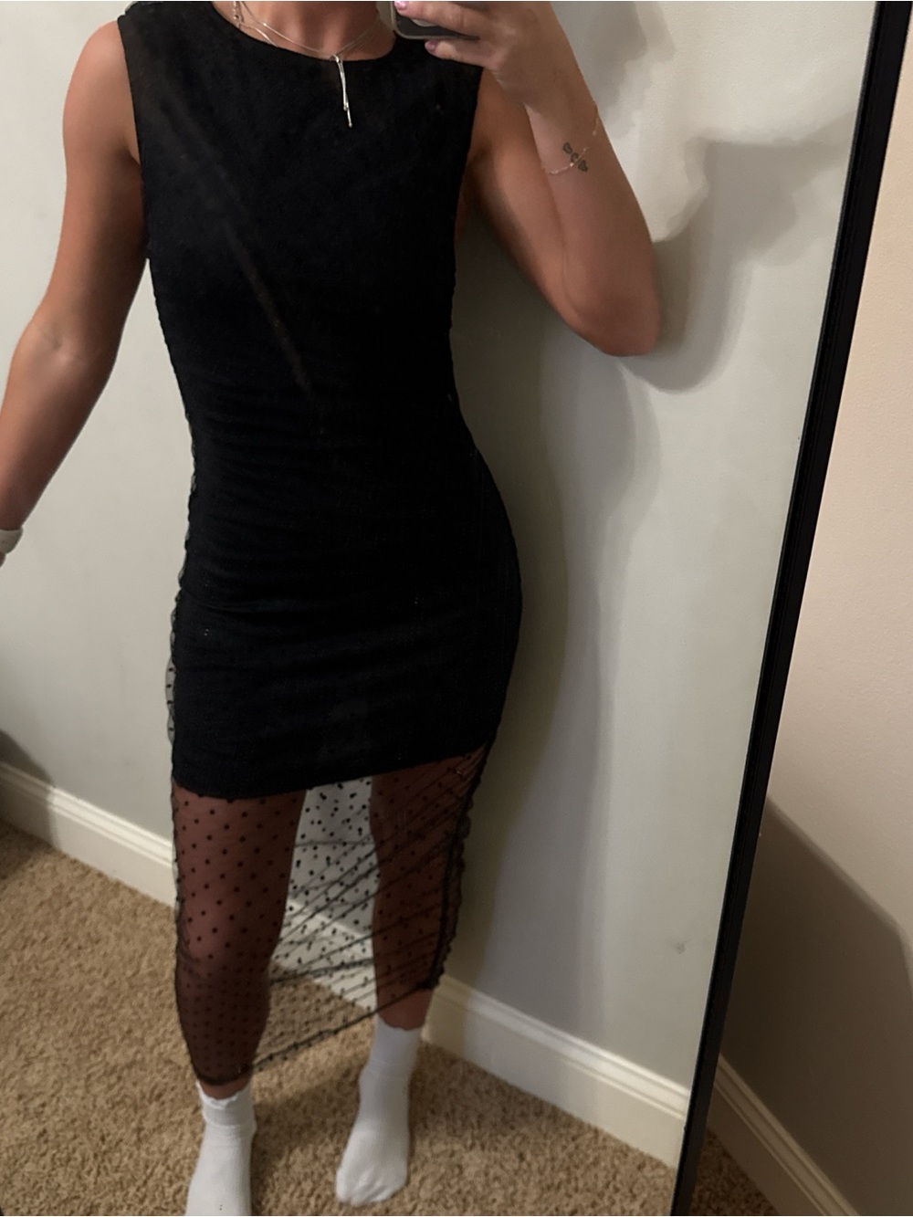 Le Lis Black Sheer Polka Dot Midi Dress